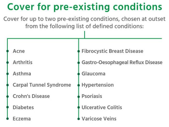 Pre conditions existing insurance health medical private cover listed defined policy premium additional below choose two